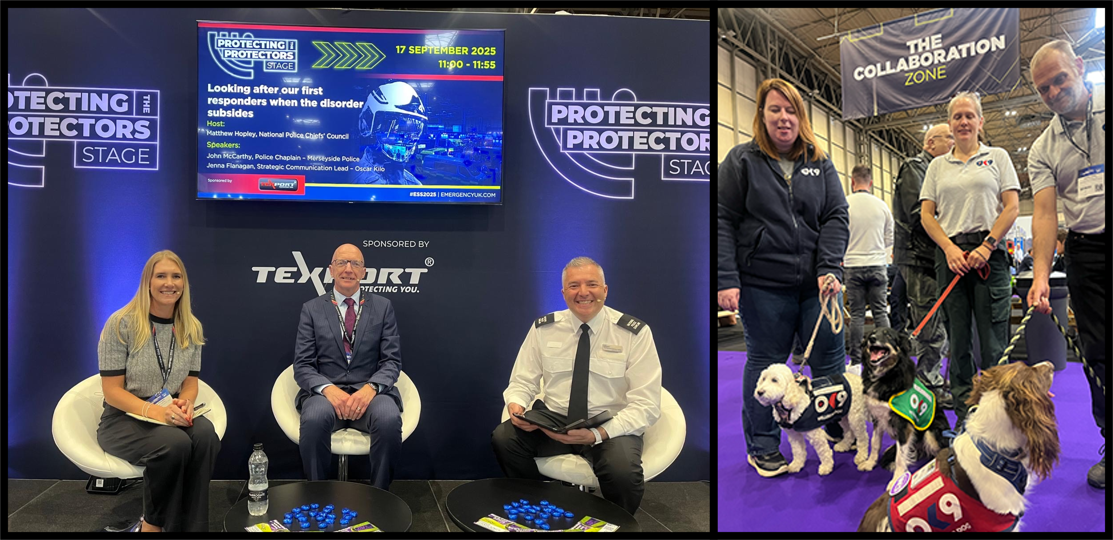 Two images - one of a group of three people, a woman and two men, sat on a stage in a panel format and the second of three OK9 ogs and their handlers at the Emergency Services Show